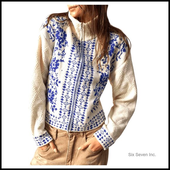 Boho Floral Printed Zip Cardigan Sweater Long Sleeve Knitwear Outerwear